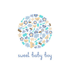 Cute Baby boy elements in a circle. Vector greeting card with lettering Sweet baby boy