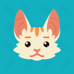 Cat emotional head. Vector illustration of cute kitty shows neutral emotion. Poker face emoji. Smiley icon. Chat, communication. White cat with red stripes in flat cartoon style on blue background.