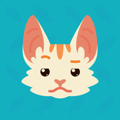 Cat emotional head. Vector illustration of cute kitty shows distrust emotion. Doubt emoji. Smiley icon. Print, chat, communication. White cat with red stripes in flat cartoon style on blue background.