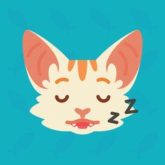 Cat emotional head. Vector illustration of cute kitty shows relax emotion. Sleeping emoji. Smiley icon. Print, chat, communication. White cat with red stripes in flat cartoon style on blue background.