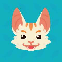 Cat emotional head. Vector illustration of cute kitty shows tricky emotion. Evil emoji. Smiley icon. Print, chat, communication. White cat with red stripes in flat cartoon style on blue background.