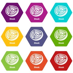 Steak icons 9 set coloful isolated on white for web