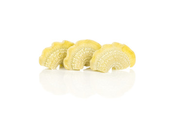 Three pasta creste di gallo spinach raw in row isolated on white background.