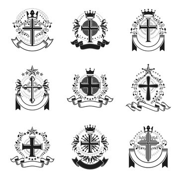 Crosses Religious emblems set. Heraldic Coat of Arms, vintage vector logos collection.