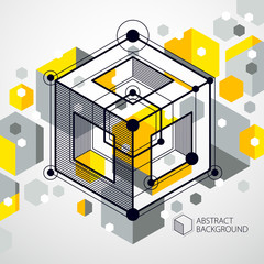 Technical blueprint, vector yellow digital background with geometric design elements, cubes. Engineering technological wallpaper made with honeycombs.