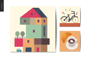 Simple things - postcards - flat cartoon vector illustration of set of countryside four storey house with garage, bicycle with yellow wheels, falling flowers, croissant, coffee with cream - cards set