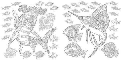 Ocean nature panorama. Hammerhead shark, sailfish and tropical fishes of different species. Coloring Page. Adult Coloring Book idea. 