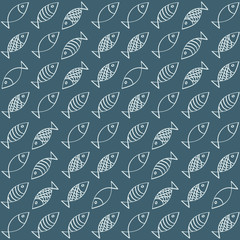Vector seamless dark blue abstract pattern with different fishes arranged in diagonal