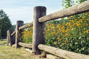 Wooden rustic fence and flowerbed in the village.