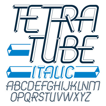 Set of trendy fun  vector capital English alphabet letters isolated. Special italic type font,  script from a to z can be used for logo creation. Made using geometric packaging tube design.