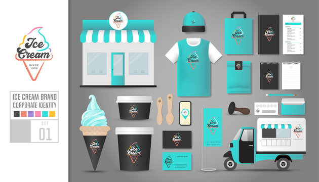 Corporate identity template Set 1. Logo concept for ice cream shop, restaurant. Realistic mock up template set of shop, car, t shirt, cap, cup, menu, rubber stamp, coupon, package, mobile application.