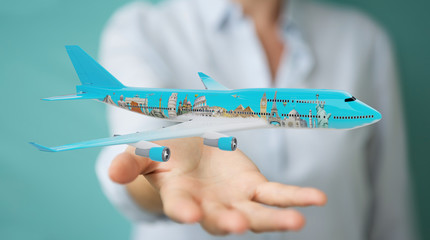 Businessman with plane and famous landmarks of the world 3D rendering