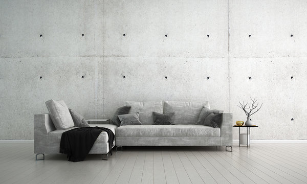 The interior design idea concept of loft living room and concrete wall texture background / 3D rendering 