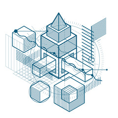 Vector background with abstract isometric lines and figures. Template made with cubes, hexagons, squares, rectangles and different abstract elements.