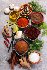 Spices and herbs on table. Food and cuisine ingredients.