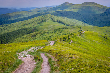 Aerial view from trail on Wetlina Meadows, Bieszczady Mountains in Poland