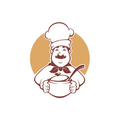 happy cartoon chef holding a soup pot, vector illustration for your logo, label, mascot