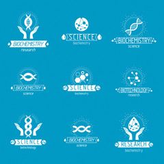 Fototapeta na wymiar Set of vector models of molecule and human dna. Collection of corporate logotypes created in biomedical engineering, genetics, molecular genetics and biotechnology concepts.