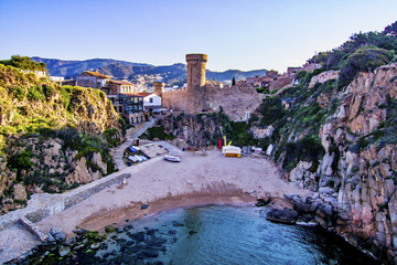 Aerial View from the sea towards ancient fortress in Tossa de Mar