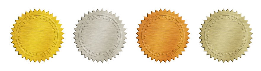 Gold and silver brushed metal badges over white