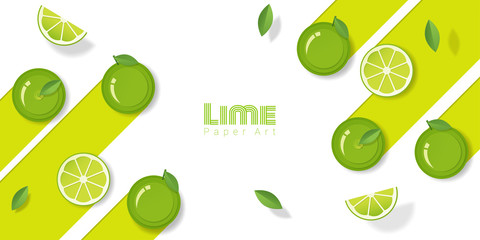 Fresh lime fruit background in paper art style , vector , illustration
