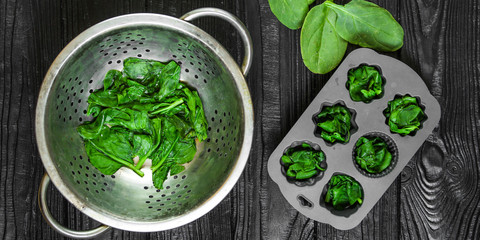 spinach (fresh and freeze spinach) blanch. food background