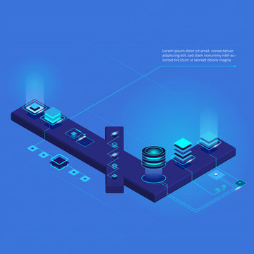 Cryptocurrency and blockchain isometric composition with litecoin symbol, computer chips, lighting effects. Vector illustration