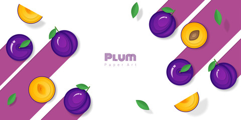 Fresh plum fruit background in paper art style , vector , illustration