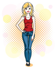 Attractive young blonde woman standing on colorful background with bubbles and wearing casual clothes. Vector human illustration.