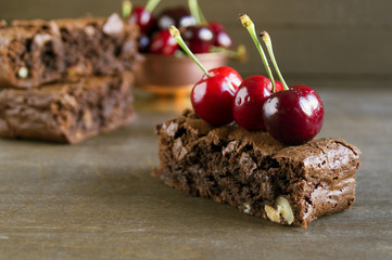 Brownie. Dark chocolate cakes, Baked from the oven, cut.