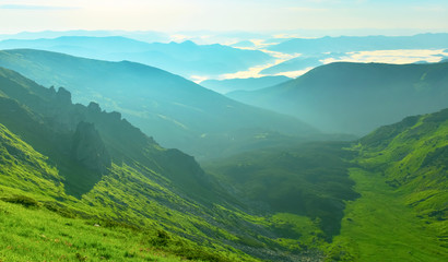 Fototapeta premium Mist canyon in spring mountains.