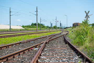 Fototapeta na wymiar railway soft with powerlines and blue sky