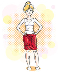 Attractive blonde woman posing on colorful backdrop with bubbles and circles and wearing casual clothes. Vector nice lady illustration.