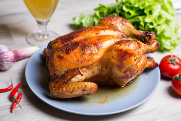 Chicken baked whole. Selective focus, close-up.