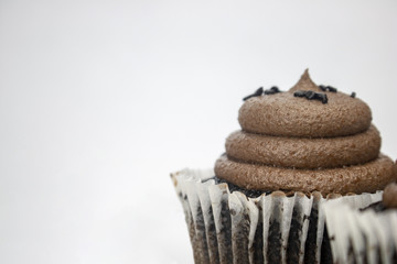 A chocolate cupcake on an isolated white background with room for text