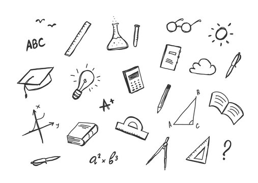 Vector hand drawn set of doddles supplies on white background.