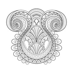 Monochrome Decorative Swirly Abstraction, Design Element. Tribal Abstract Symmetrical Object. Ethnic Floral Motifs, Paisley Garden Style. Coloring Book Page Ornament. Vector Contour Illustration