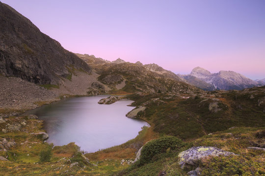 Lais digl Crap Alv with the Piz Ela in the background during sunrise. Albula Pass, Engadin Valley, Graub&uuml;nden, Switzerland, Europe.