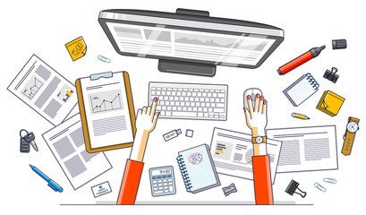 Business analysis, office worker or entrepreneur business woman working on a PC computer and papers with financial analytics, top view of work desk with stationery and documents and hands. Vector.