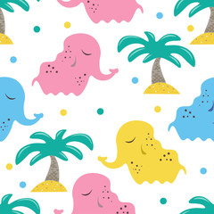 4641039 Cute seamless childish pattern for kids in scandinavian style with elephant and palm.