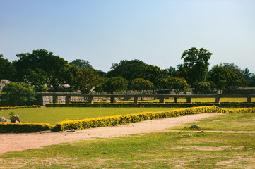 View of ancient ruins from the platform of Mahanavami Dibba in Hampi, Karnataka, India.