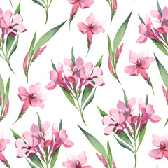 Watercolor seamless pattern of pink flowers and green leaves on white background.