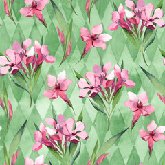 Watercolor seamless pattern of pink flowers and green leaves on green splash background.