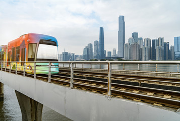 The train runs in the city of Guangzhou, China