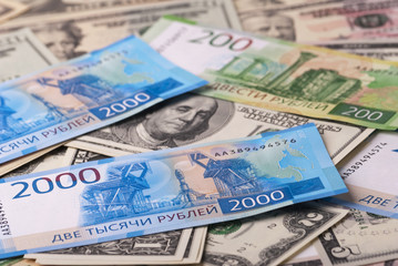 Fototapeta na wymiar Dollar, ruble banknotes
