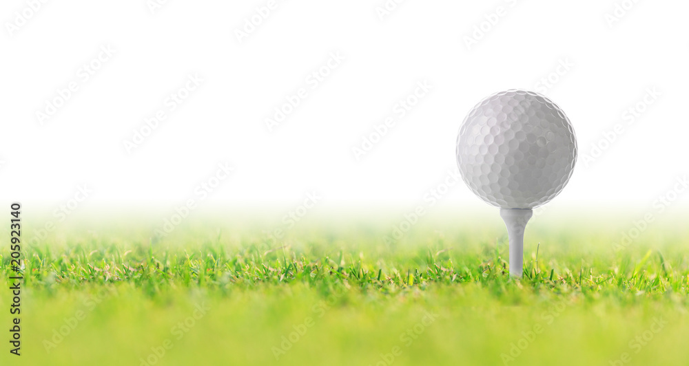 Canvas Prints golf ball on tee on green grass on white background, golf court