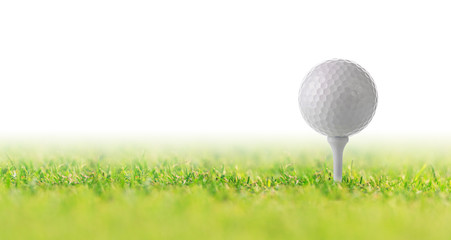 Golf ball on tee on green grass on white background, Golf court