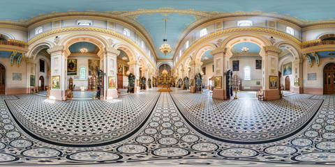 full seamless panorama 360 by 180 angle view in interior of luxury orthodox church in ...