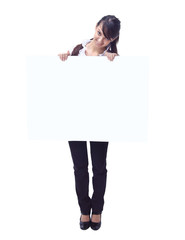 beautiful young business woman showing blank banner.