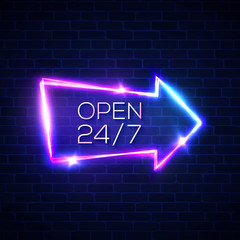 Open 24 7 hours neon light sign on brick wall background. 24 hours night club bar electric street signage. 3d retro arrow pointer with neon effect. Brick texture vector illustration in 80s style.